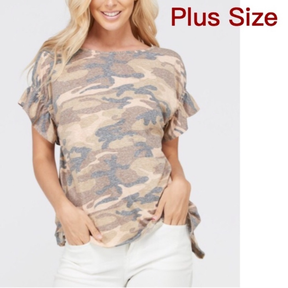 New Camouflage Ruffle Accent Short Sleeve Top - Picture 1 of 3